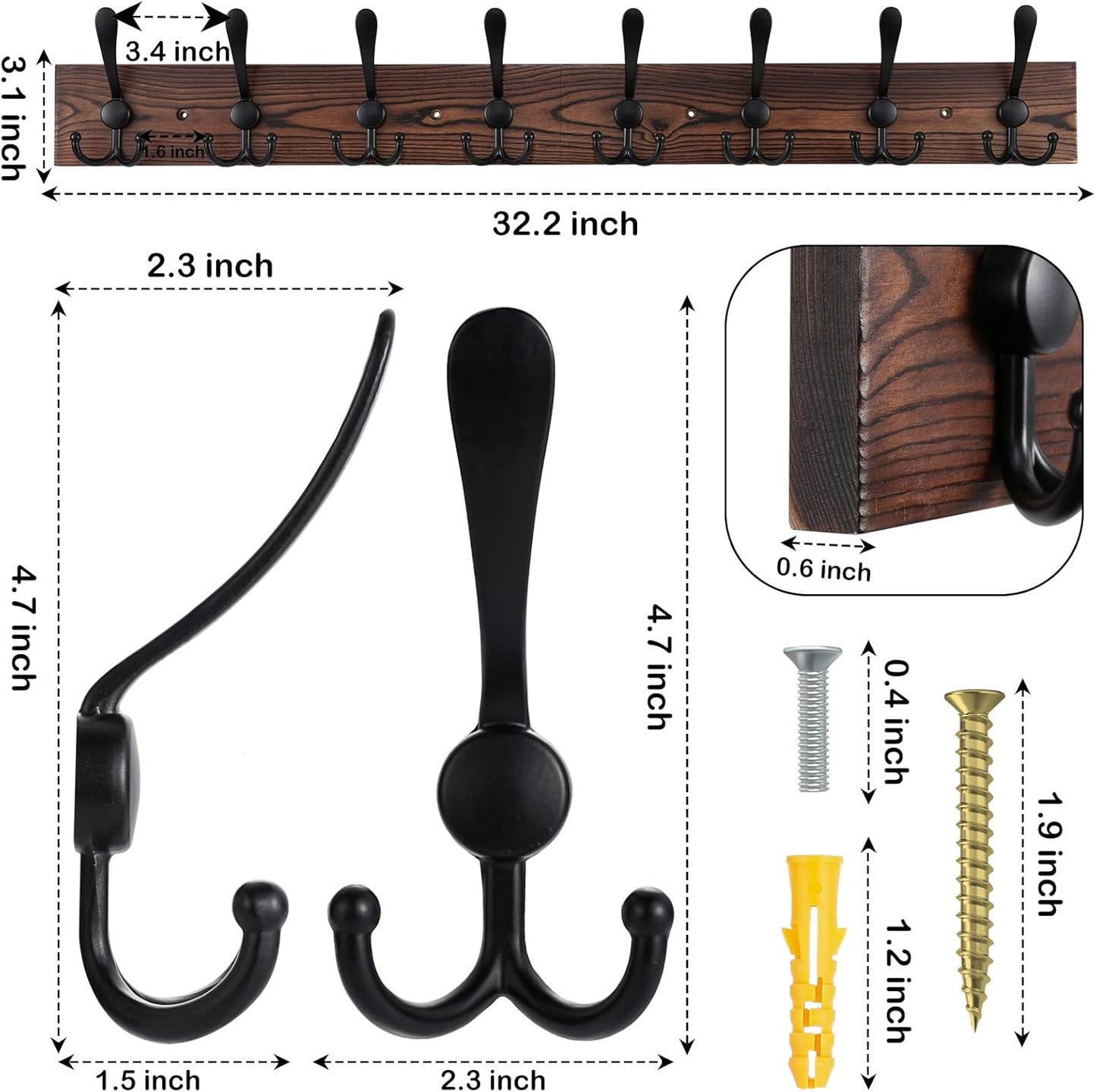 32.2'' Large Coat Rack Wall Mount Coat Hooks